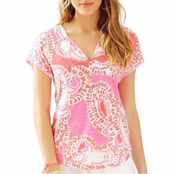 🌴LILLY PULITZER ‘Duval’ Notch Neck Linen Top in Hot Coral Trunk in Love - Picture 1 of 12